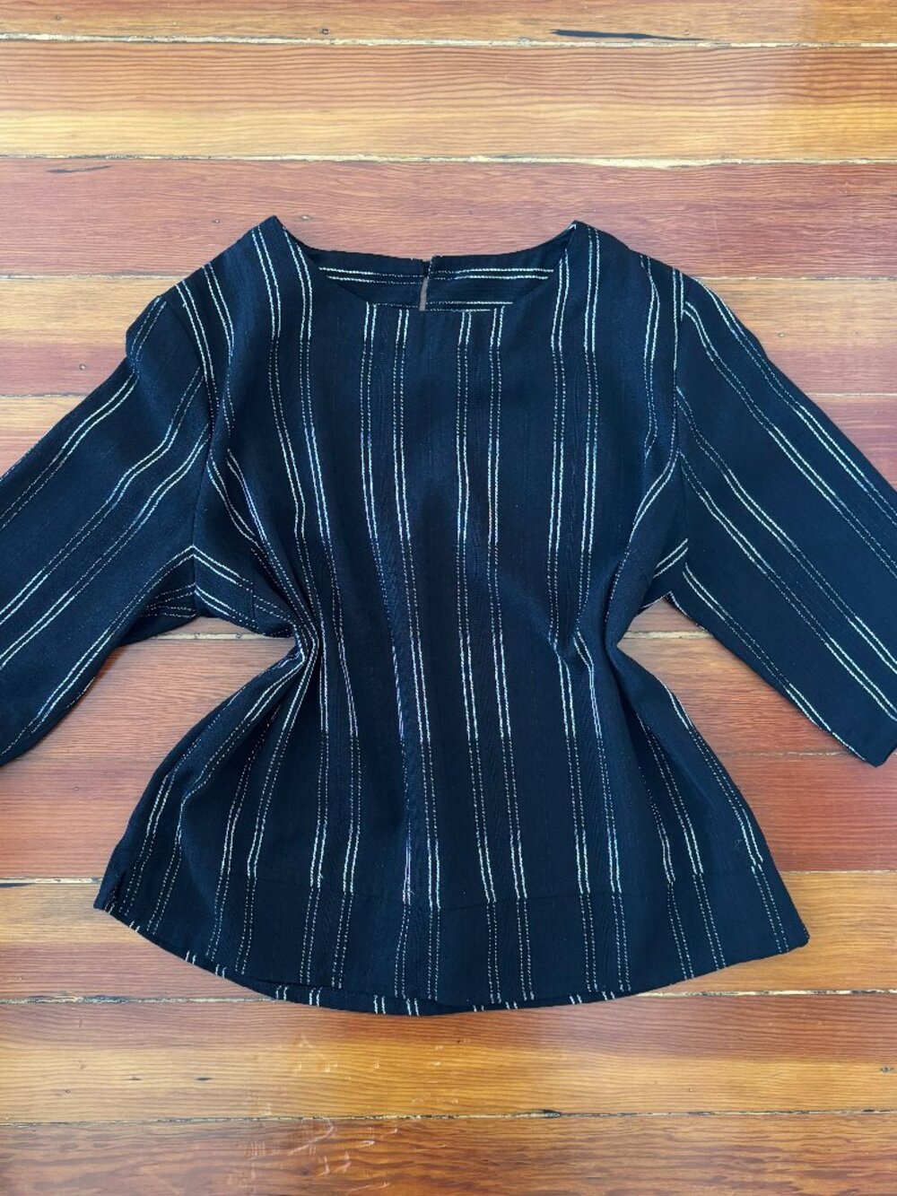 Pinstripe Black Boxy Short Sleeve Minimalist Blouse SMALL/MEDIUM